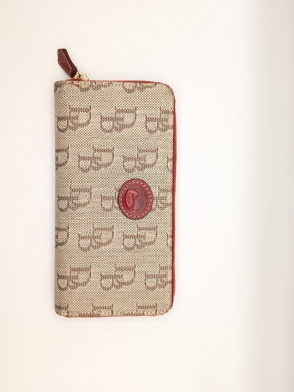 Dooney & Bourke Signature Jacquard Zip-Around Wallet | Beige Canvas & RedrLeathe